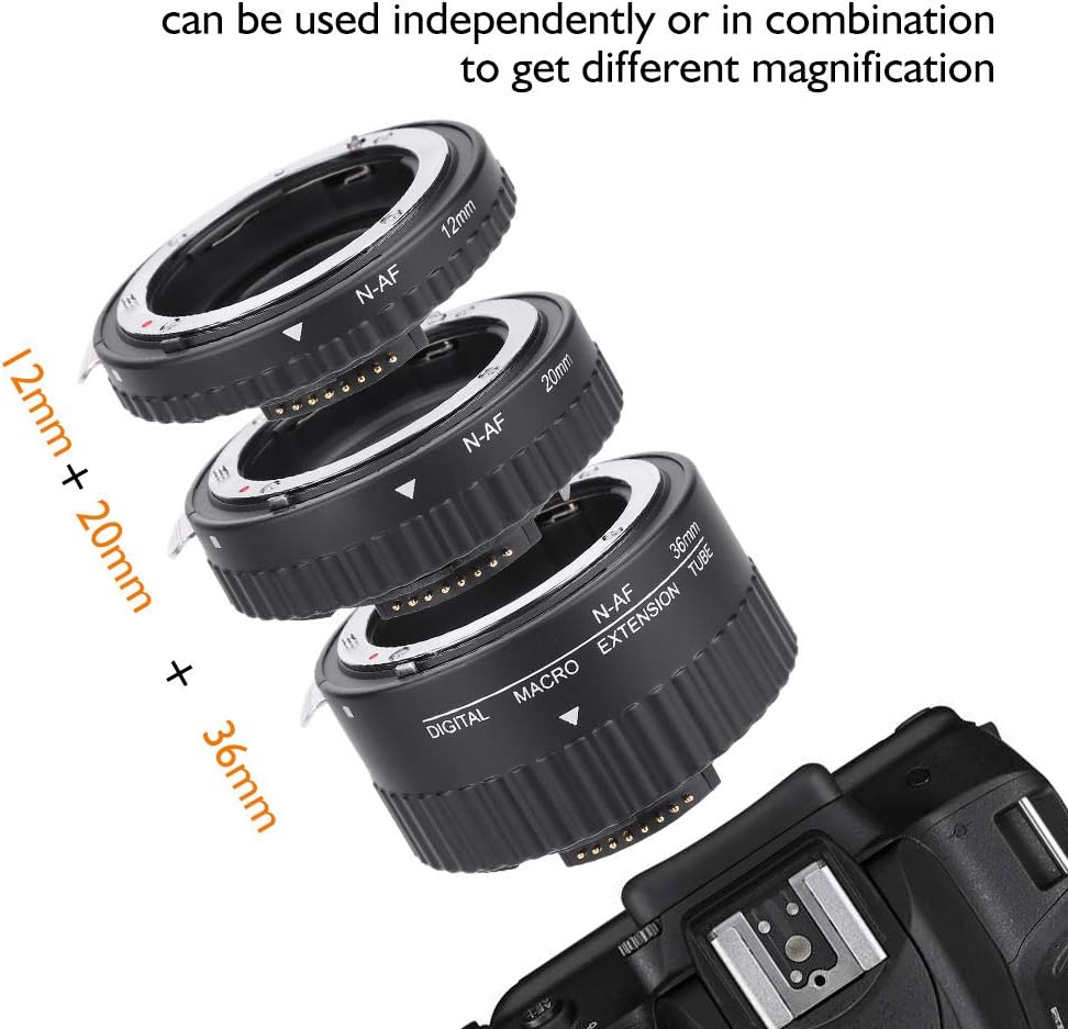 Macro Extension Lens Tube Metal Camera Lens Ring Auto Focus 12mm+20mm+36mm for Nikon F-Mount for DSLR Camera Durable No Effect for Close Range (MK-N-AF1-B)