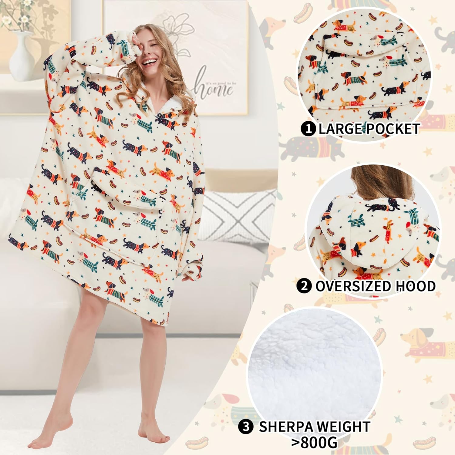 Mewkou - Manta con capucha portátil para adultos, manta con capucha de forro polar sherpa de gran tamaño para mujeres y hombres, Dachshund