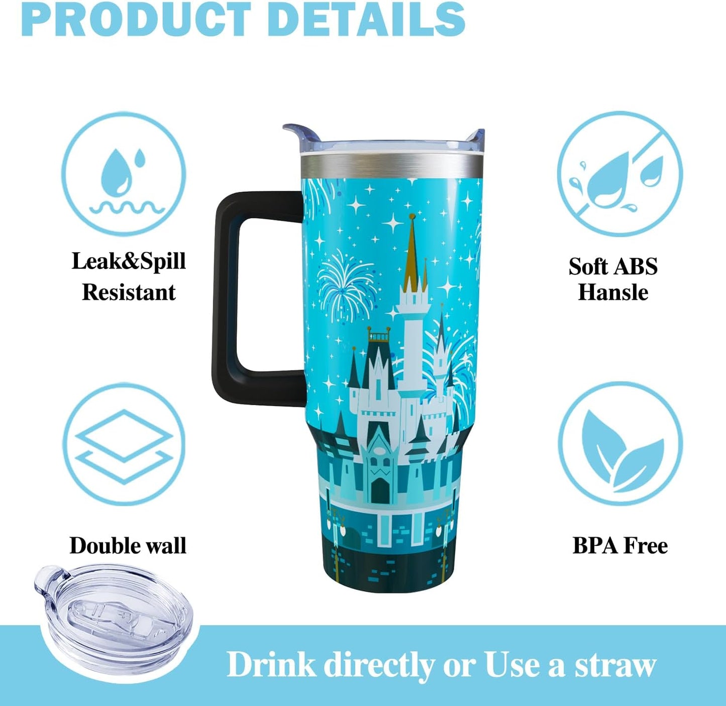 Vaso de 30 onzas con diseño de castillo de dibujos animados, con asa, tapa y pajilla, vaso aislado de acero inoxidable, taza de café de viaje con fuegos artificiales, regalo de cumpleaños, Navidad