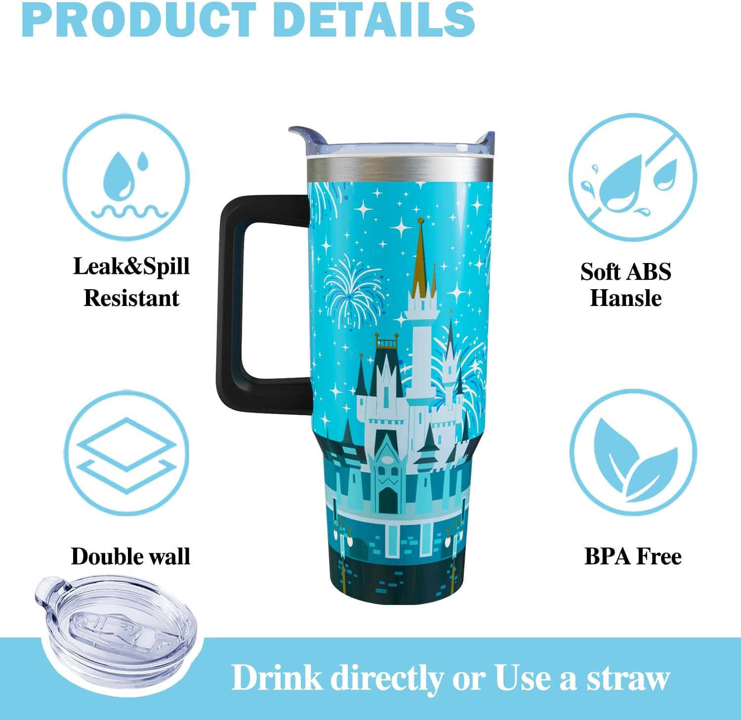 Vaso de 30 onzas con diseño de castillo de dibujos animados, con asa, tapa y pajilla, vaso aislado de acero inoxidable, taza de café de viaje con fuegos artificiales, regalo de cumpleaños, Navidad
