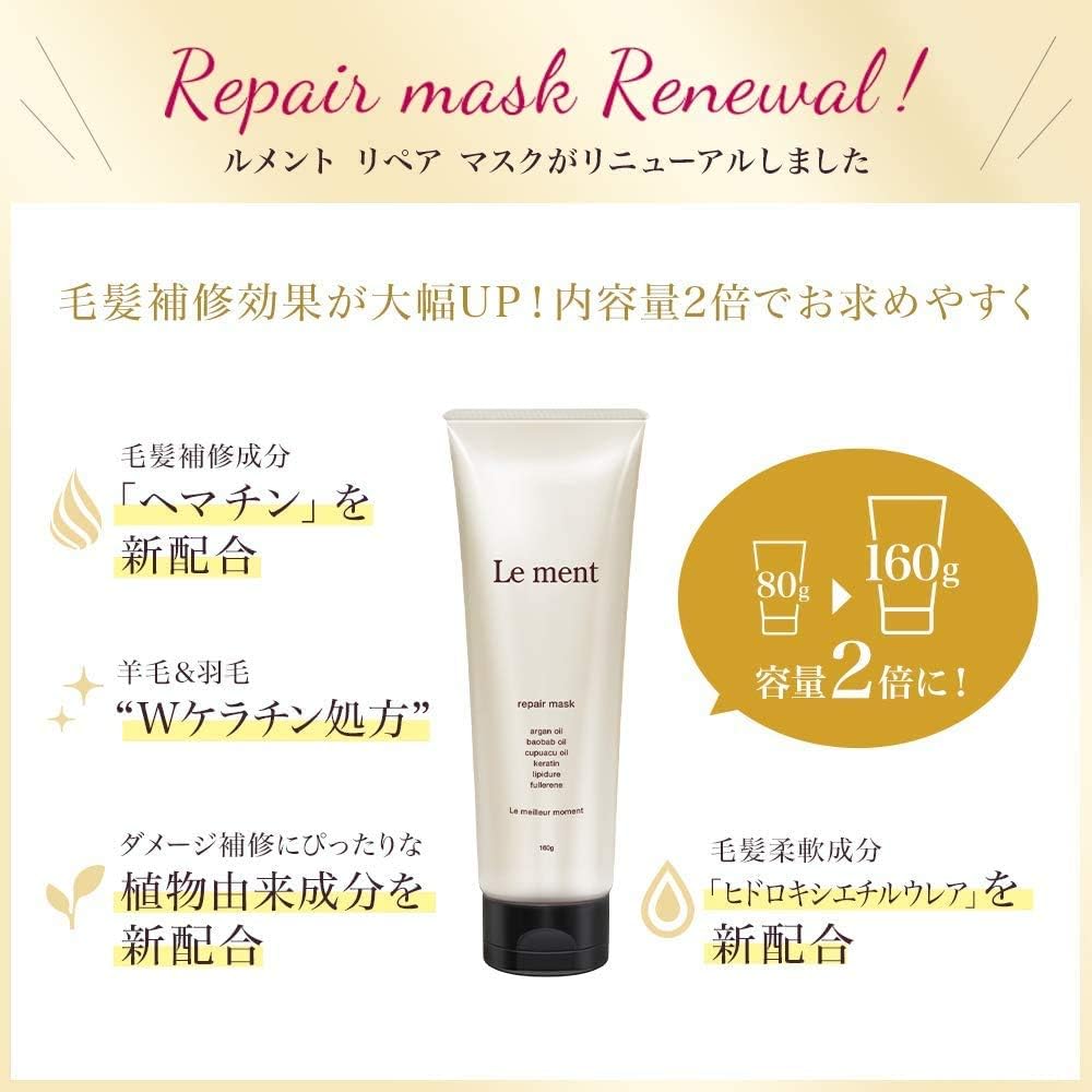 Le ment Repair Mask, Intensive Repair Hair Mask, 17 Types of Plant-derived Oils and Extracts Formulated (Moisturizing), W Hyaluronic Acid, Salon Exclusive