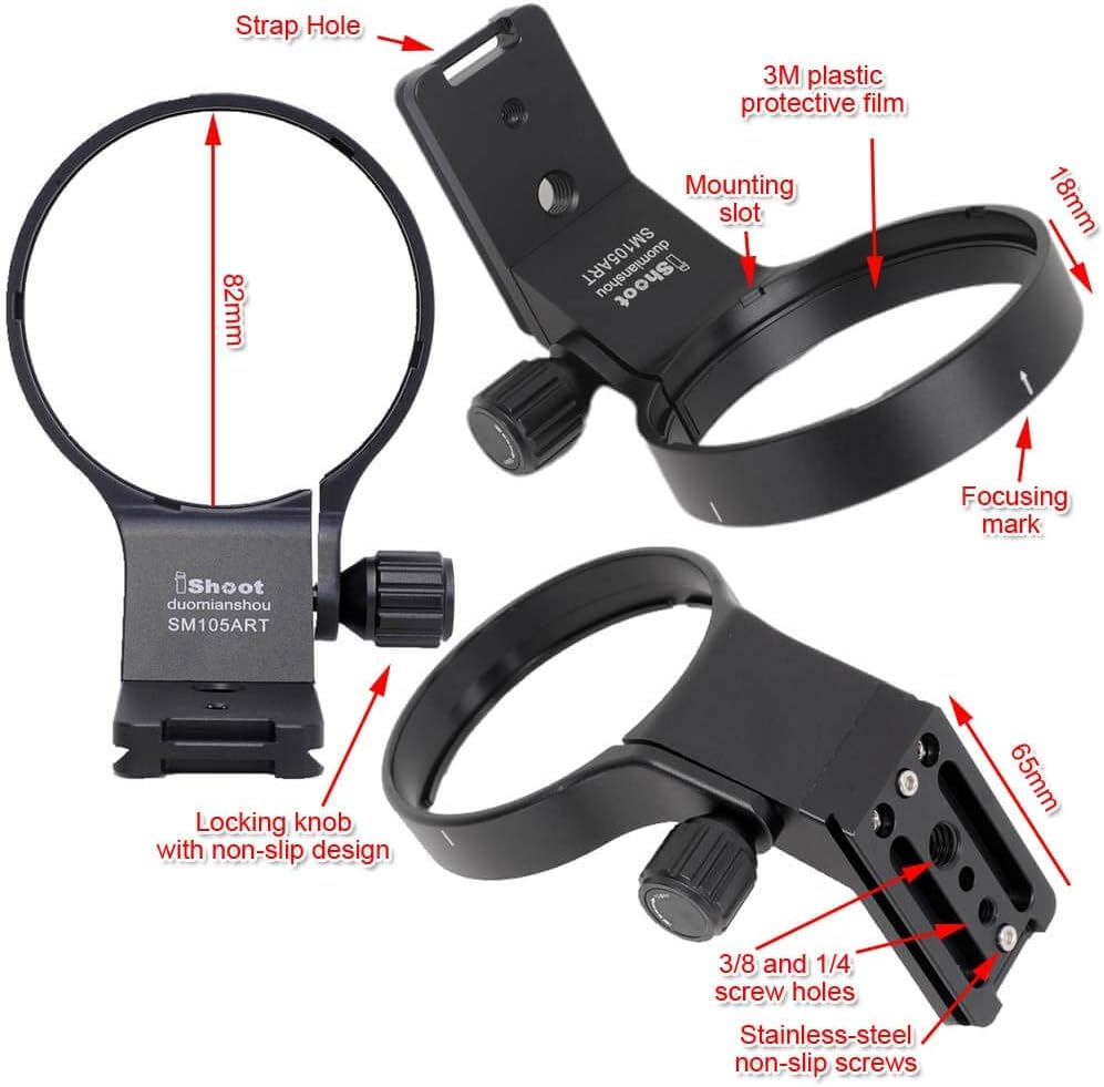 iShoot Metal Camera Ring Tripod Mount Ring, Lens Support Collar, Lens Bracket Collar, Tripod Socket, For Sigma Sigma 105mm F1.4 DG HSM Art & 100-400mm F5-6.3 DG DN OS, Bottom is 1/4 3/8 Screw Hole