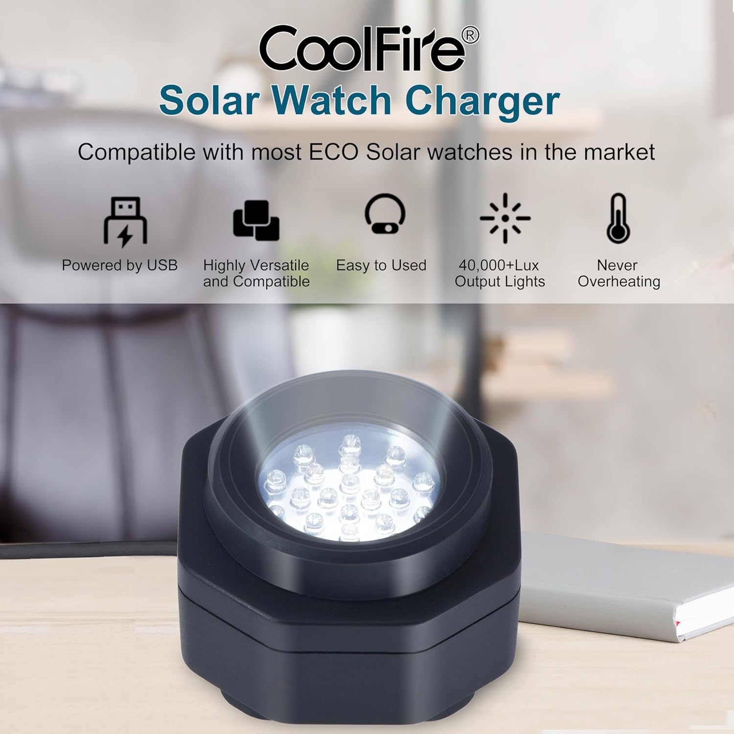 CoolFire (クールファイヤー) - UVフリーソーラーウォッチ 高速充電器 すべてのエコソーラー腕時計用 ポータブルバッテリー充電器 - あらゆる種類のエコソーラー腕時計用 ソーラー腕時計用充電器 1046
