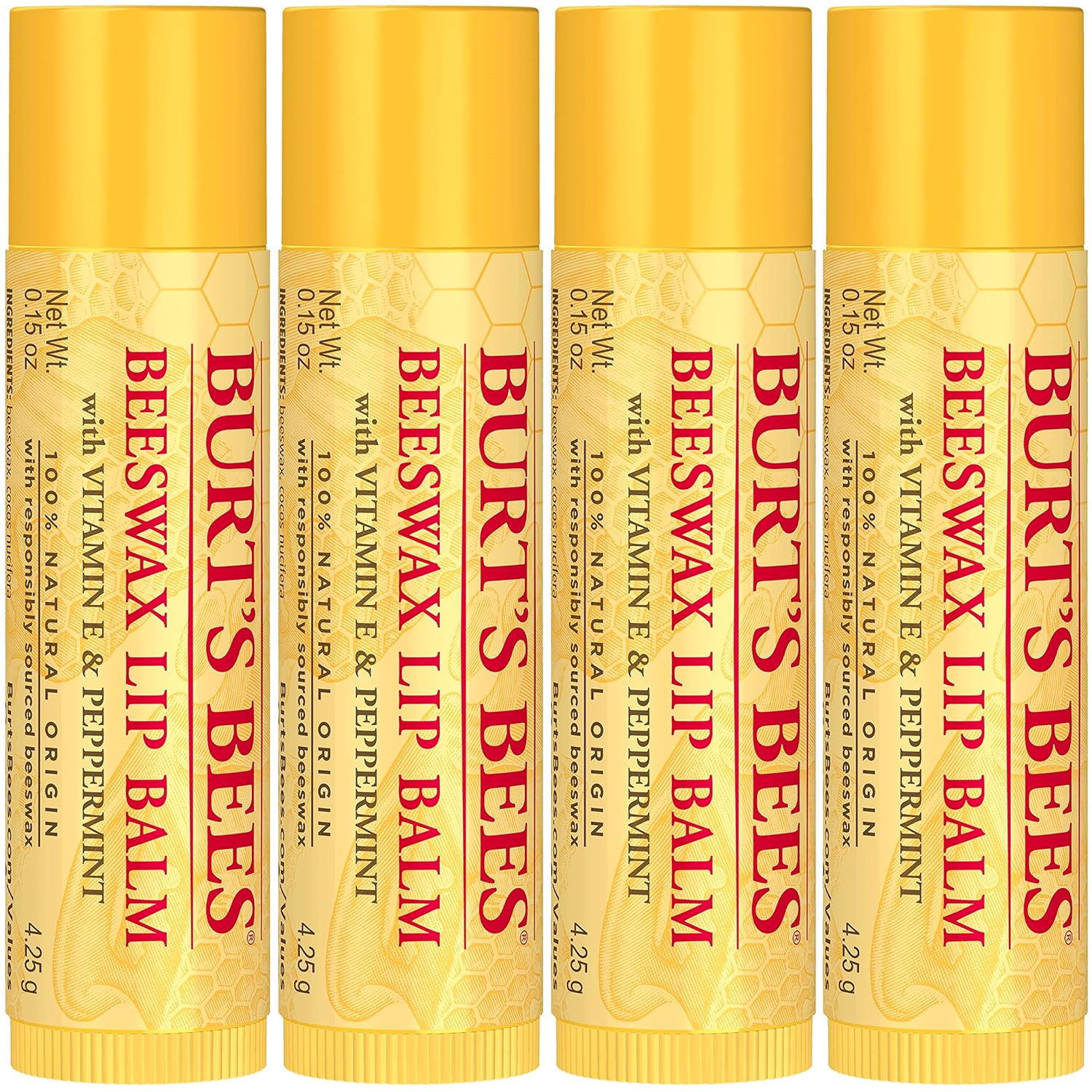 Bálsamo labial de cera de abejas de Burts Bees para unisex, 4 bálsamos labiales de 0.15 onzas