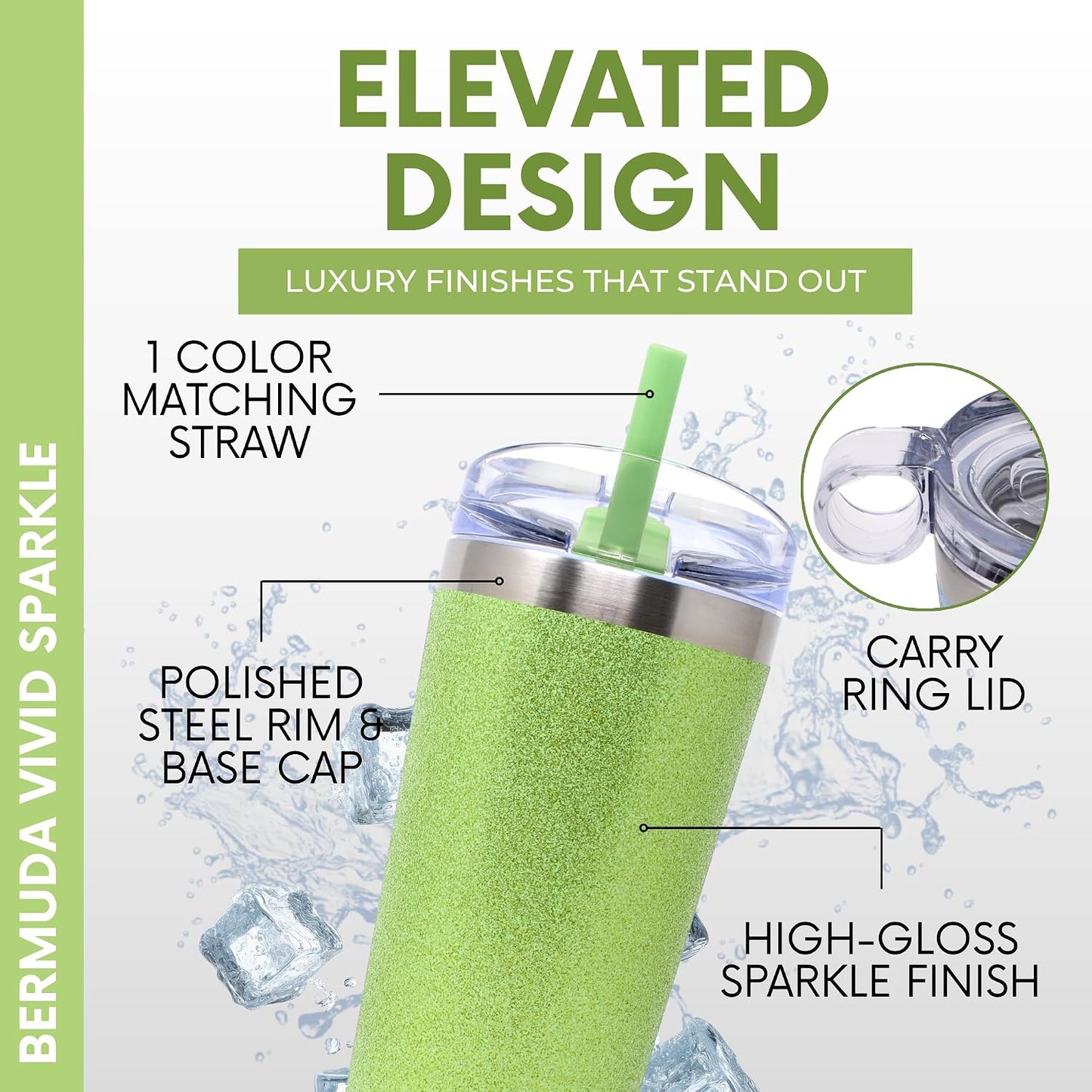 MyBevi Bermuda Vivid Sparkle - Vaso de acero inoxidable aislado con tapa, doble pared sellada al vacío, taza de viaje apta para soportes de automóvil, 20 onzas, verde menta