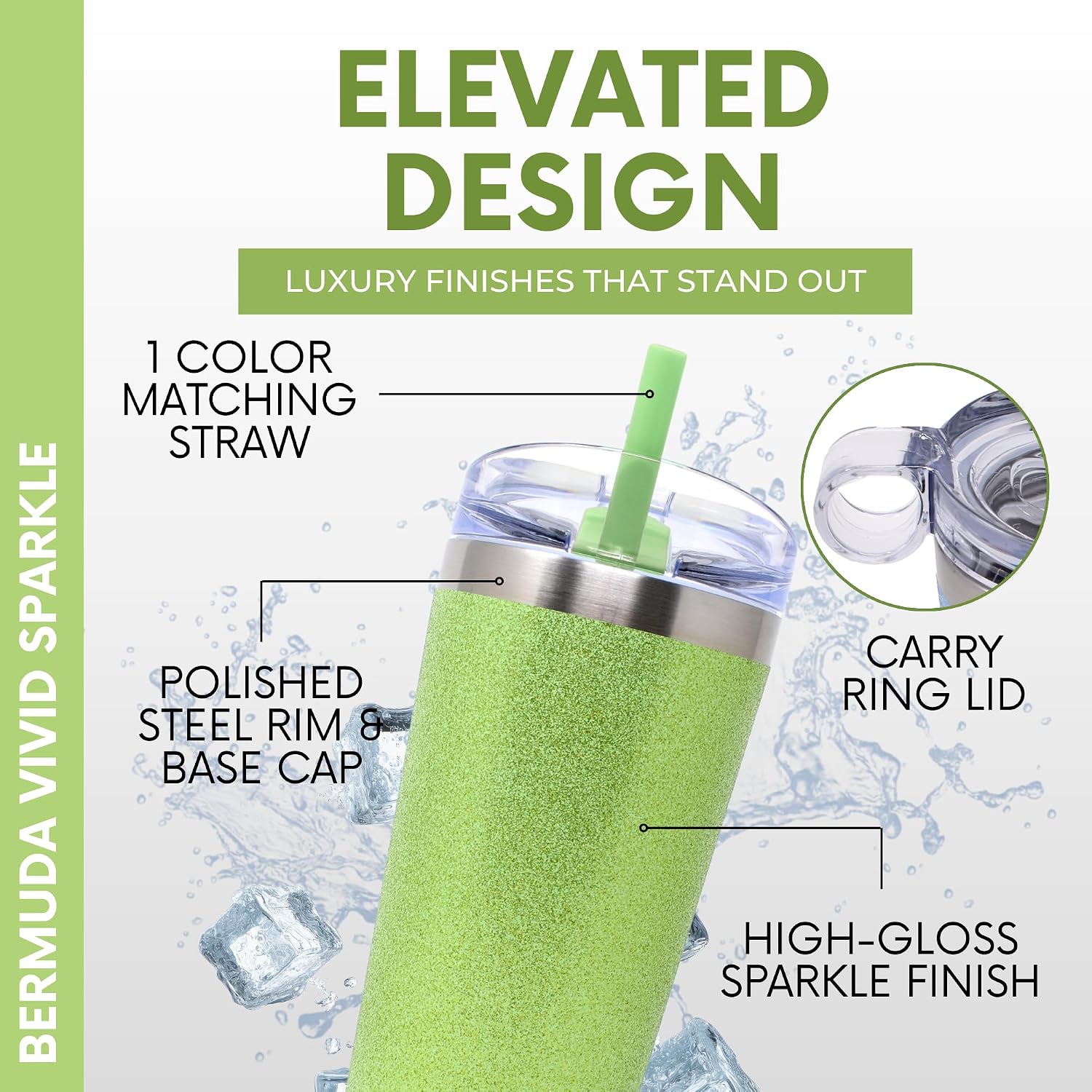 MyBevi Bermuda Vivid Sparkle - Vaso de acero inoxidable aislado con tapa, doble pared sellada al vacío, taza de viaje apta para soportes de automóvil, 20 onzas, verde menta