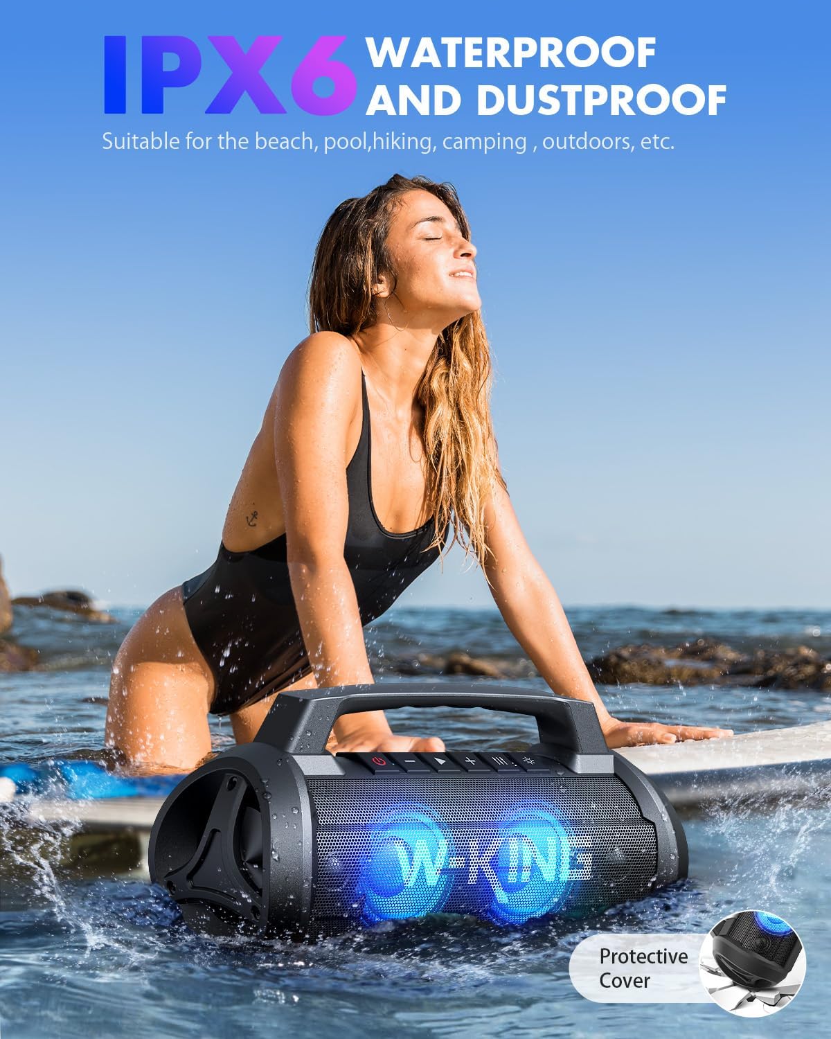 70 W (120 W Peak) Speaker, Bluetooth, IPX6 Waterproof, Dustproof, Wireless Speaker, Loud Volume, W-KING Portable Speaker Stereo (Party Light, Mic Port, 42 Hours Continuous Playback, Enhanced Bass