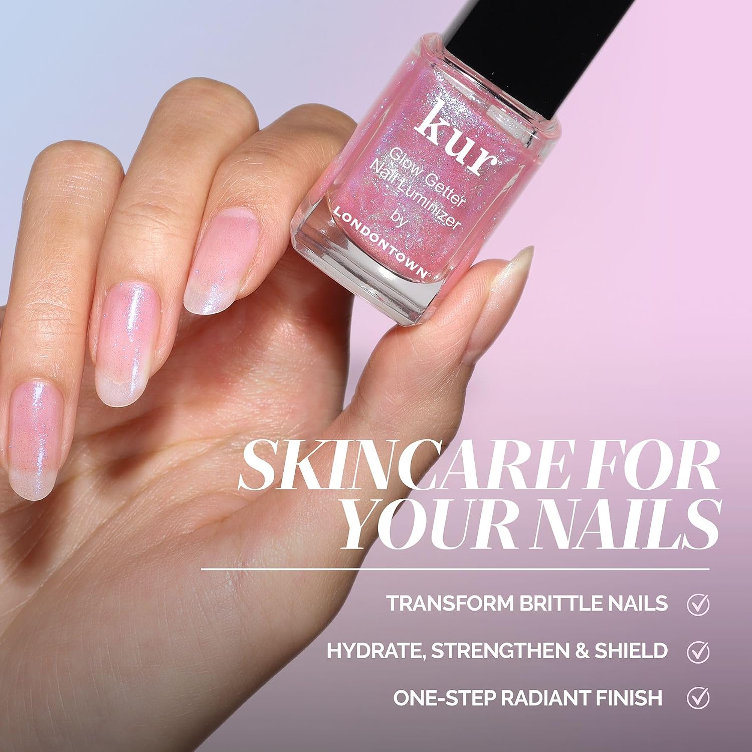 LONDONTOWN Kur Glow Getter Nail Luminizer One-Step Mani, 0.4 Fl Oz | One-Step Nail Treatment, Hexanal & Shimmer, Stronger, Healthier, Glossier Nails, No Base or Top Coat Needed
