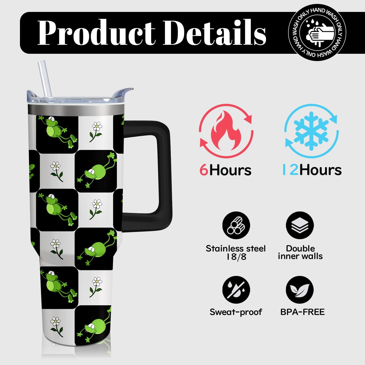 Vaso de rana de 40 onzas con asa y pajilla, taza aislada de acero inoxidable a cuadros búfalo con tapa, taza de café de viaje, botella de agua, regalos de cumpleaños para el día de la madre
