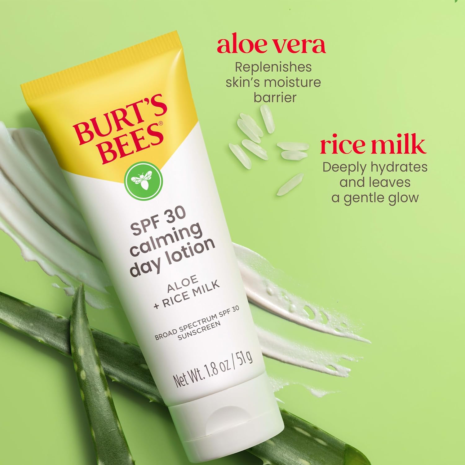 Burt's Bees Loción facial calmante SPF 30 con aloe y leche de arroz para pieles sensibles, la loción facial de protección solar alivia el enrojecimiento y la irritación, cuidado de la piel de origen natural del 99.4 %, tubo de 1.8 onzas