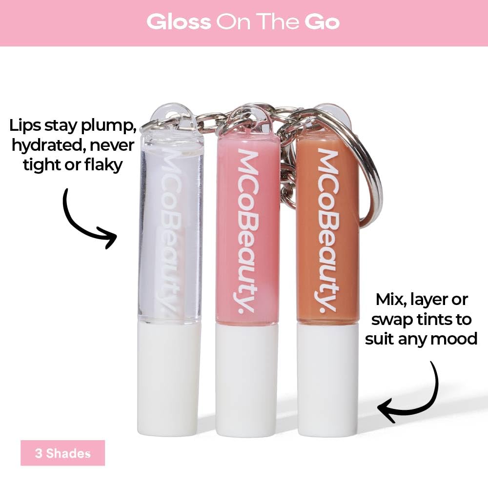 MCoBeauty - Juego de 3 mini brillos para labios | 3 High Shine Shades Clip Onto Your Keys, Hydrating Non Sticky Formula, Smooth Doe Foot Glide For Easy Touch Ups