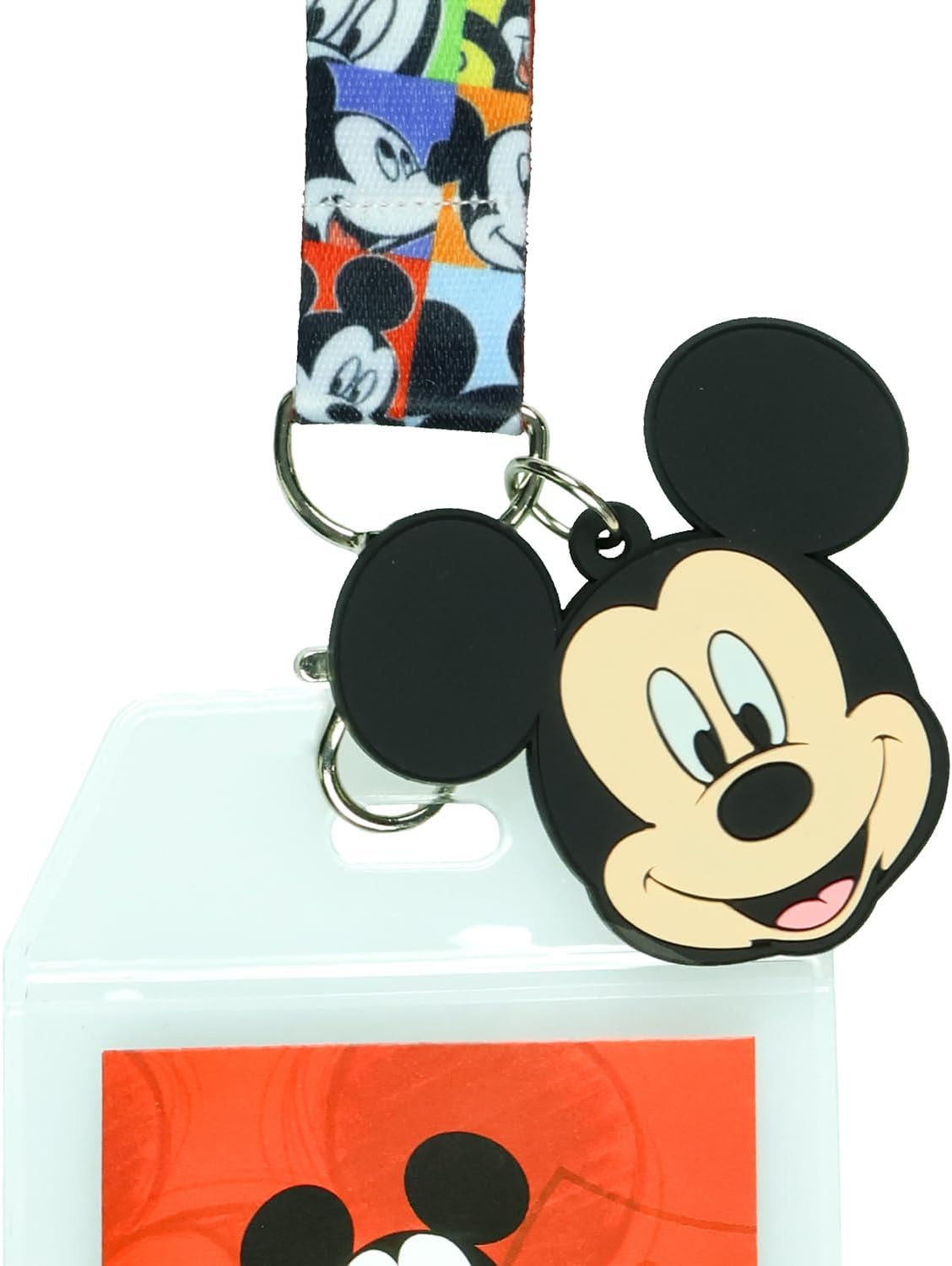 Disney Mickey Mouse Fun Starts Here - Cordón con soporte para tarjeta de identificación y dije de goma de Mickey de 2 pulgadas