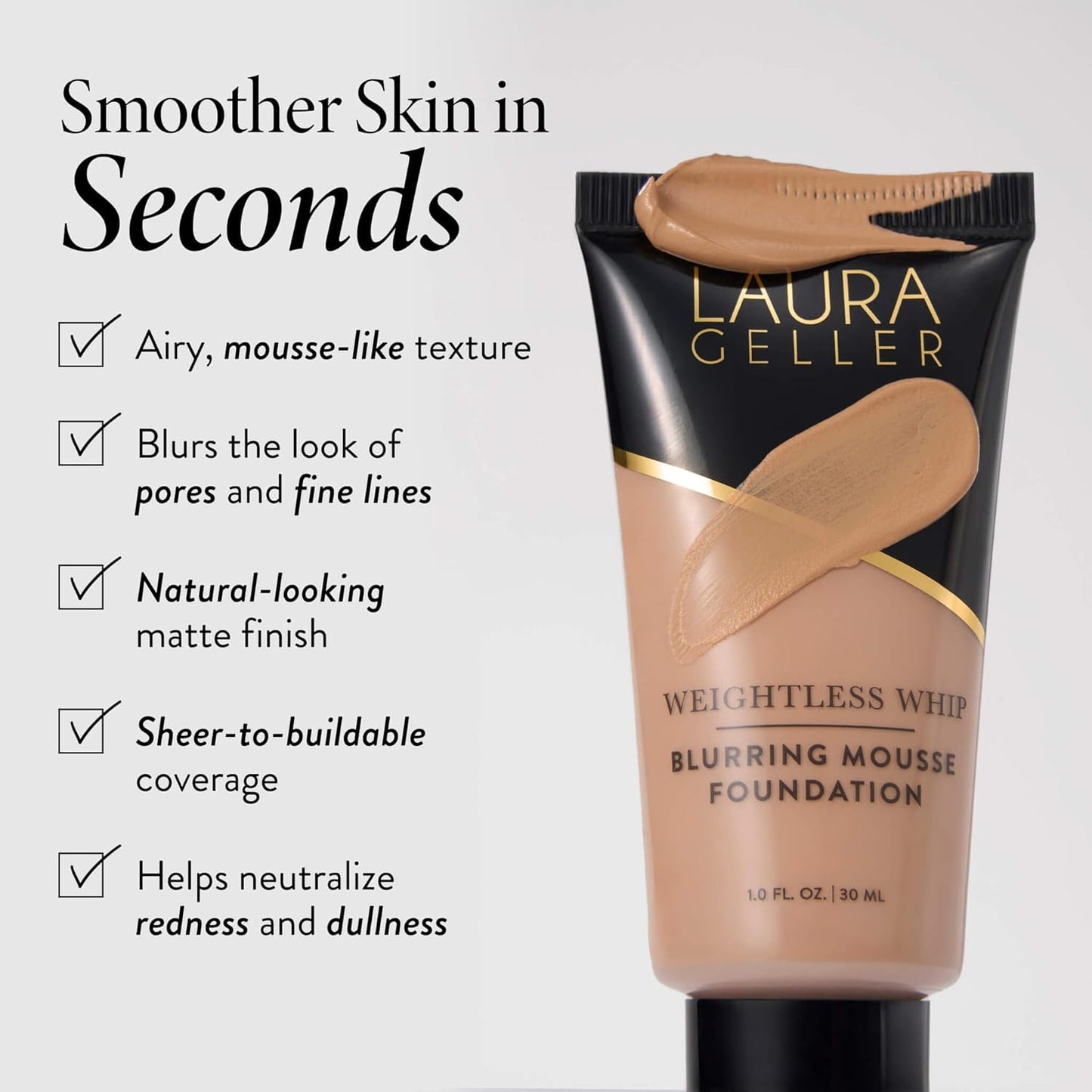 LAURA GELLER NEW YORK Weightless Whip Mousse Foundation - Golden Medium - Lightweight Blurring Foundation Makeup, Buildable, Soft Matte Finish, Minimizes Pores & Fine Lines, Hydrating, Mature Skin