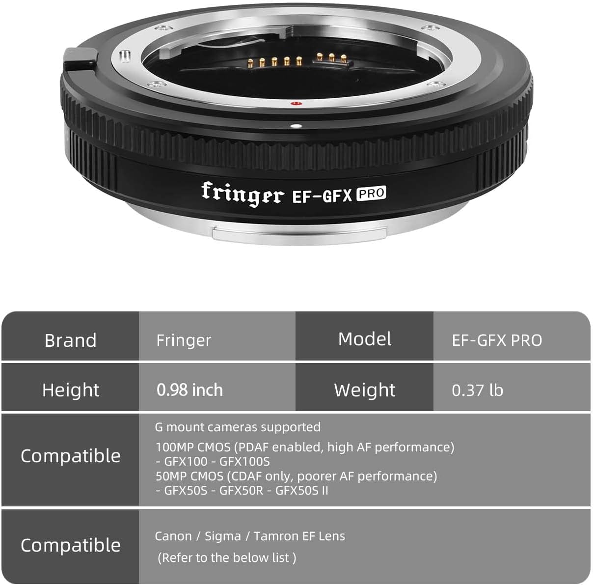 Fringer EF-GFX Pro FR-EFTG1 Auto Focus Camera Mount Lens Adapter Ring for Canon EF to Fuji GFX100/ GFX100S, Sigma, Tamron EF Lens