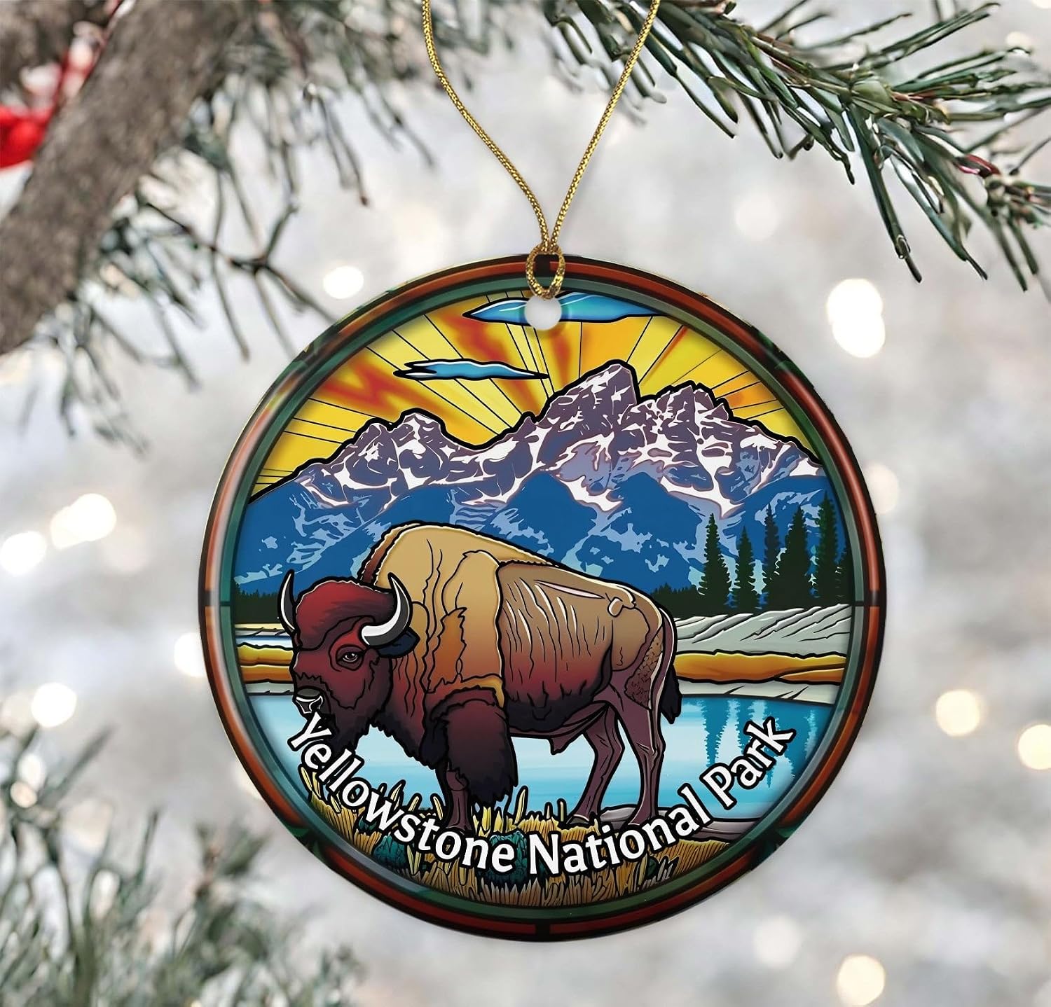 Yellowstone National Park - Adorno de Navidad con aspecto de vitral, recuerdo, recuerdo de viaje, regalo de cerámica impreso en ambos lados