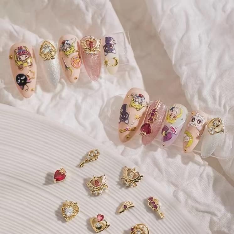 New Sailor Moon 5D Embossed Anime Nail Art Sticker Decal Kids Princess Cartoon Cartoon Moon Hair Sailor Moon Anime Nail Art Stickers(2 Pcs)+4pcs Sailor Moon 3D Diamond Nail Art Accessories for Nail