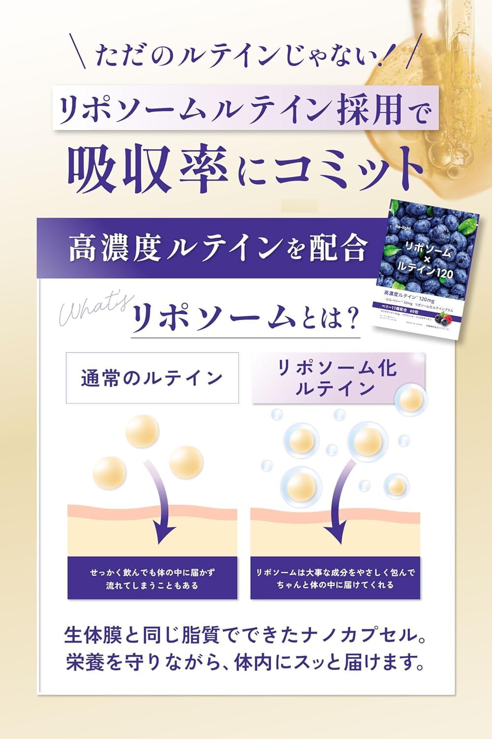 【たっぷりベリー11種配合】 Re-light ルテイン 3600mg リポソーム サプリメント サプリ 目 ブルーベリー ビルベリー 高濃度 高吸収 60粒 30~60日分 GMP認定工場 国内製造 栄養機能食品 2個セット
