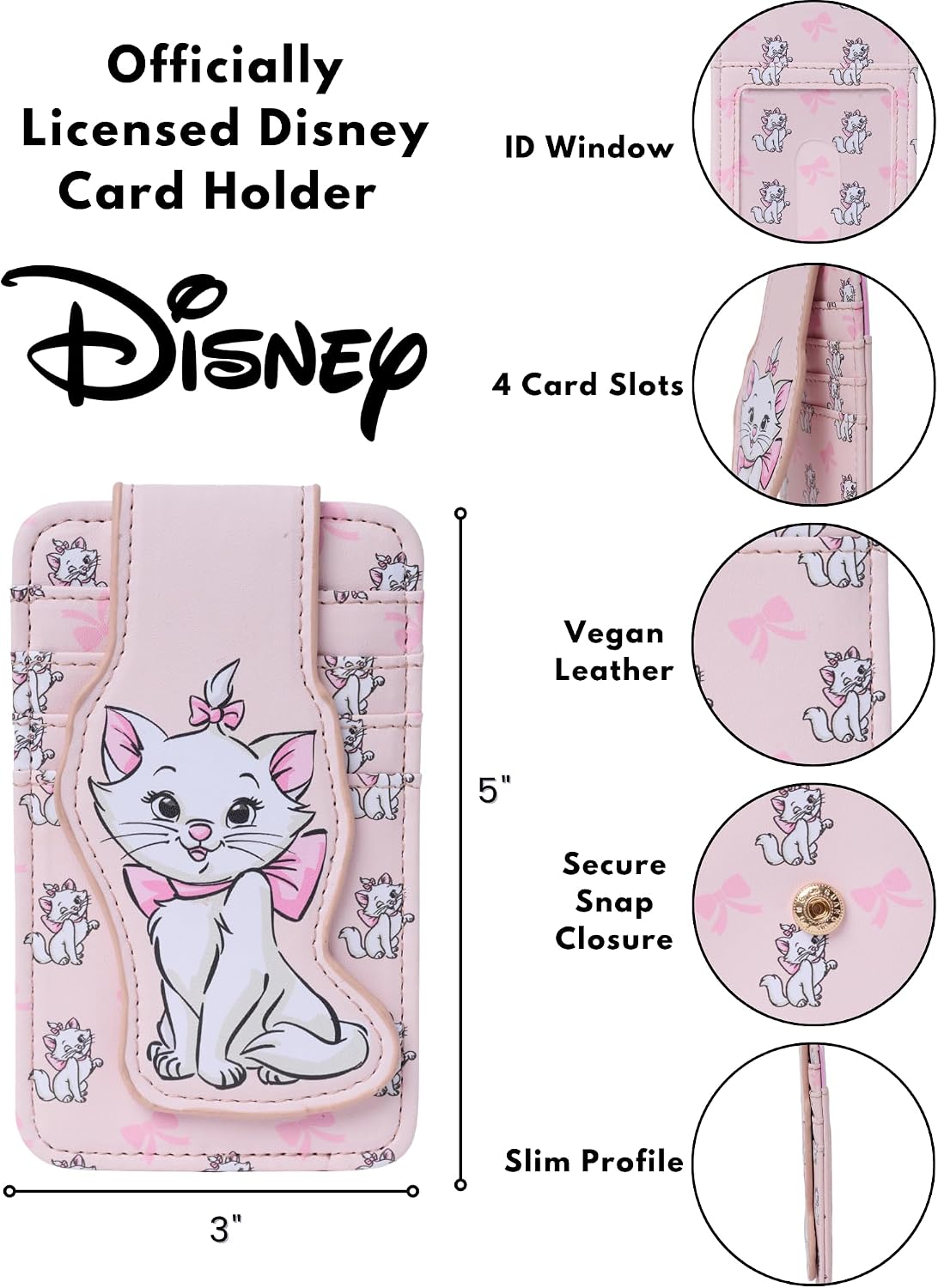 Disney Tarjetero para mujer, delgada, compacta, cartera, crédito, pequeño viaje a presión, Marie Aristocats Rosa, Tarjetero