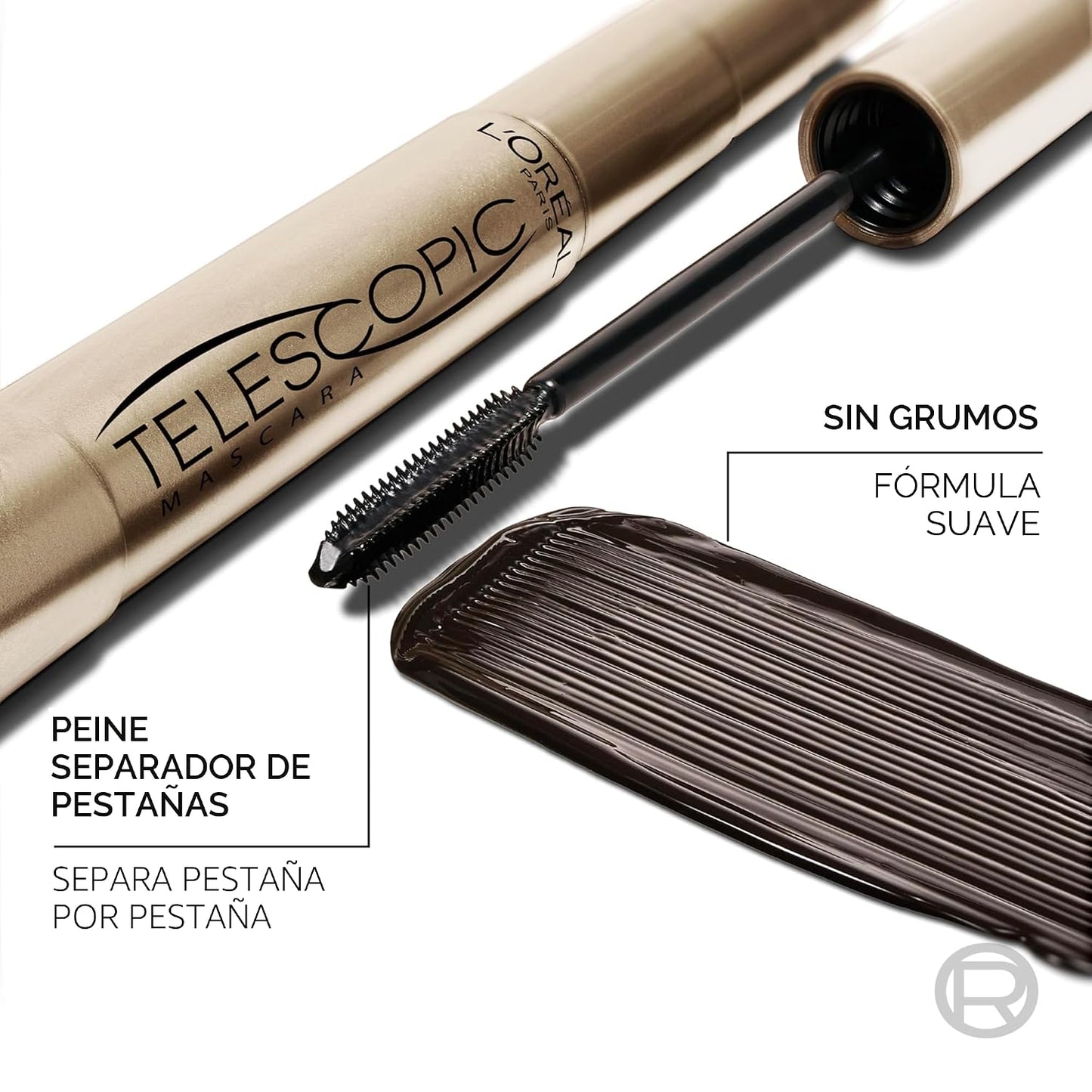 L'Oreal Paris - Máscara de alargamiento de pestañas, maquillaje telescópico original, con cepillo de doble precisión para separar pestañas, lavable, marrón negro, 8 mL, paquete de 1