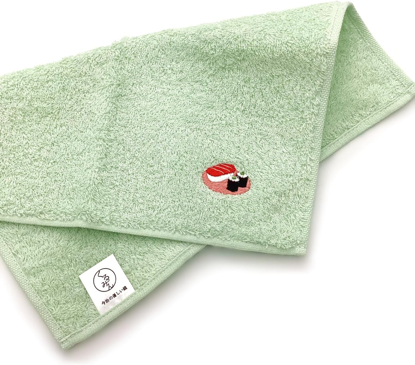 Kyosu, Made in Japan, Imabari Handkerchief, Hand Towel, Wash, Mini, Cotton, Walnut, Embroidery, 9.8 x 9.8 inches (25 x 25 cm), Sushi, Light Green