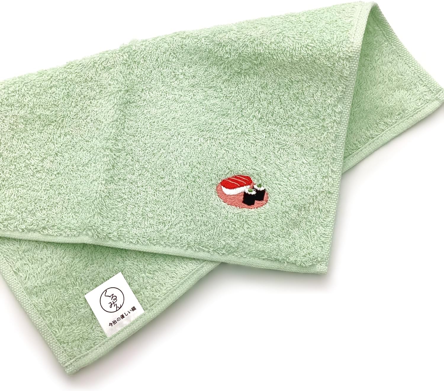 Kyosu, Made in Japan, Imabari Handkerchief, Hand Towel, Wash, Mini, Cotton, Walnut, Embroidery, 9.8 x 9.8 inches (25 x 25 cm), Sushi, Light Green
