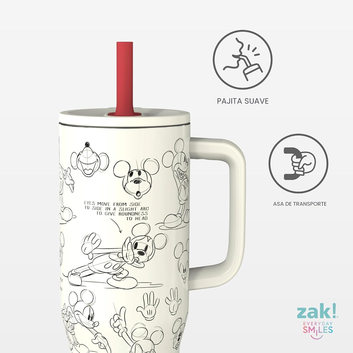 Zak Designs Disney Sutton Taza de viaje para llevar contigo, de 30 onzas, de acero inoxidable con aislamiento al vacío, con popote de silicona y asa para bebidas frías (dibujo de Mickey Mouse)