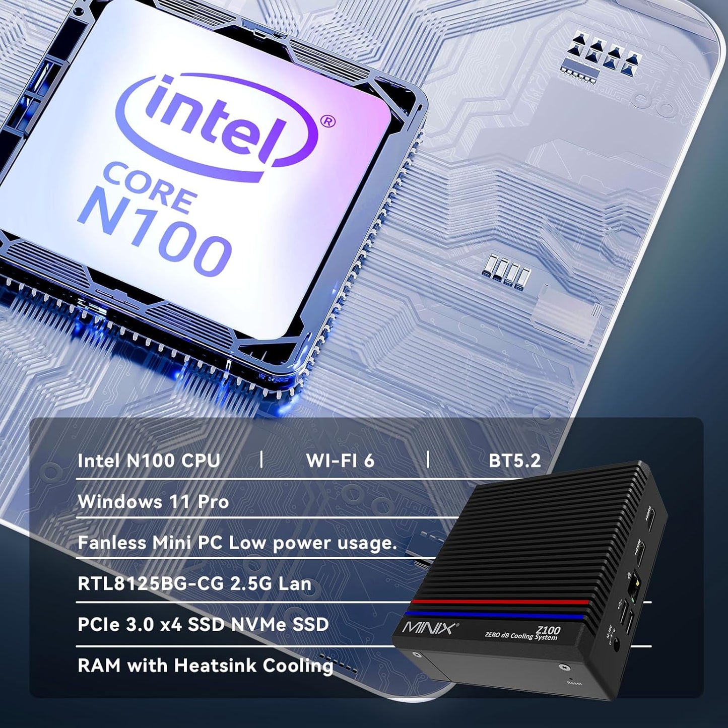 MINIX NEO Z100-0dB Fanless Mini PC, Intel Alder Lake N100, Latest 12th Generation Small PC, Up to 3.40 GHz, 16GB DDR4, 512GB M.2 PCIe Gen3 x 4 NVMe SSD, Windows 11 Pro, Mini Computer, Ultra