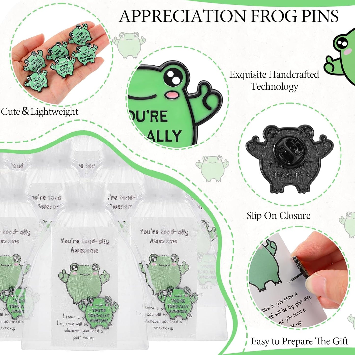 Lyrow - Juego de 50 pines de rana de dibujos animados, suministros de bienvenida a la escuela, broche de apoyo emocional con bolsas inspiradoras para tarjetas, regalo de agradecimiento para estudiantes, empleados, compañeros de trabajo, equipo de personal