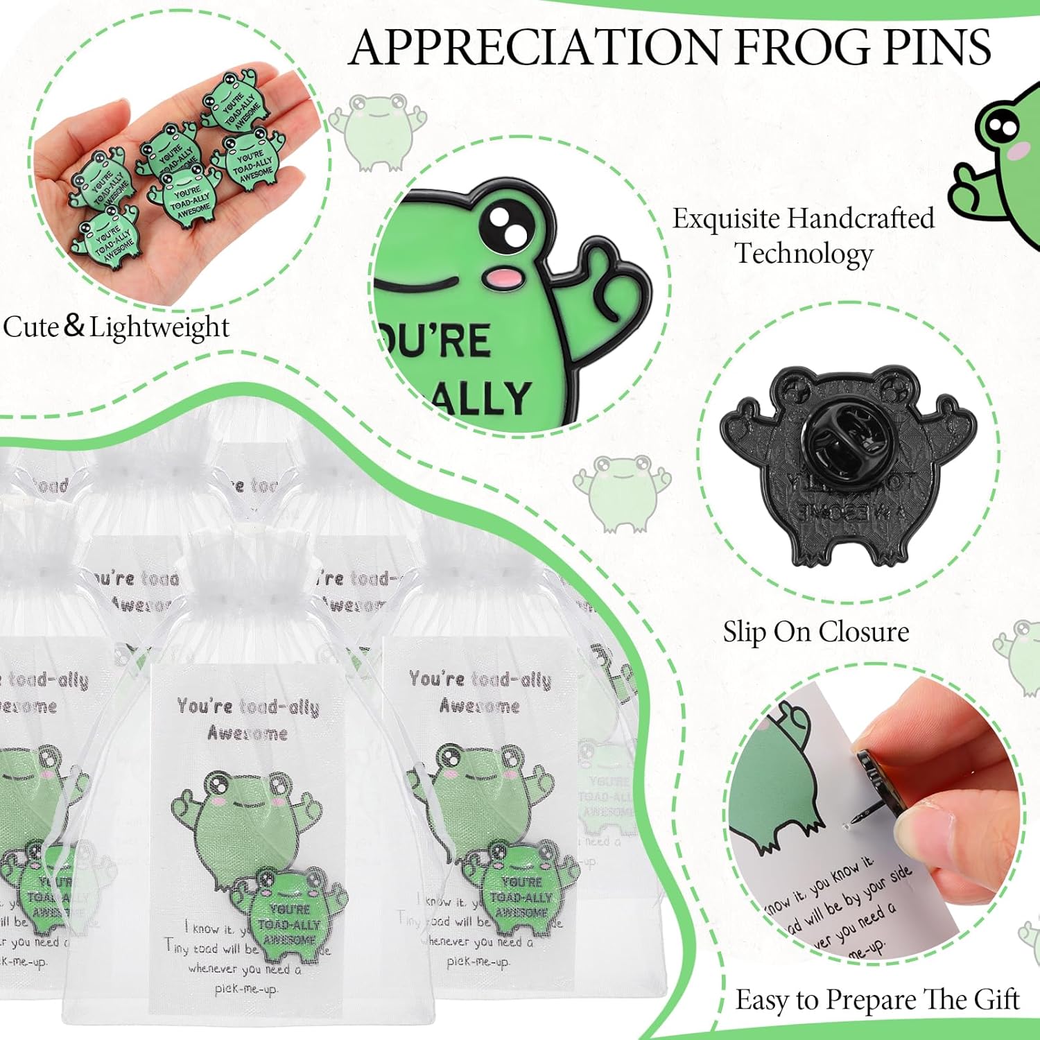 Lyrow - Juego de 50 pines de rana de dibujos animados, suministros de bienvenida a la escuela, broche de apoyo emocional con bolsas inspiradoras para tarjetas, regalo de agradecimiento para estudiantes, empleados, compañeros de trabajo, equipo de personal