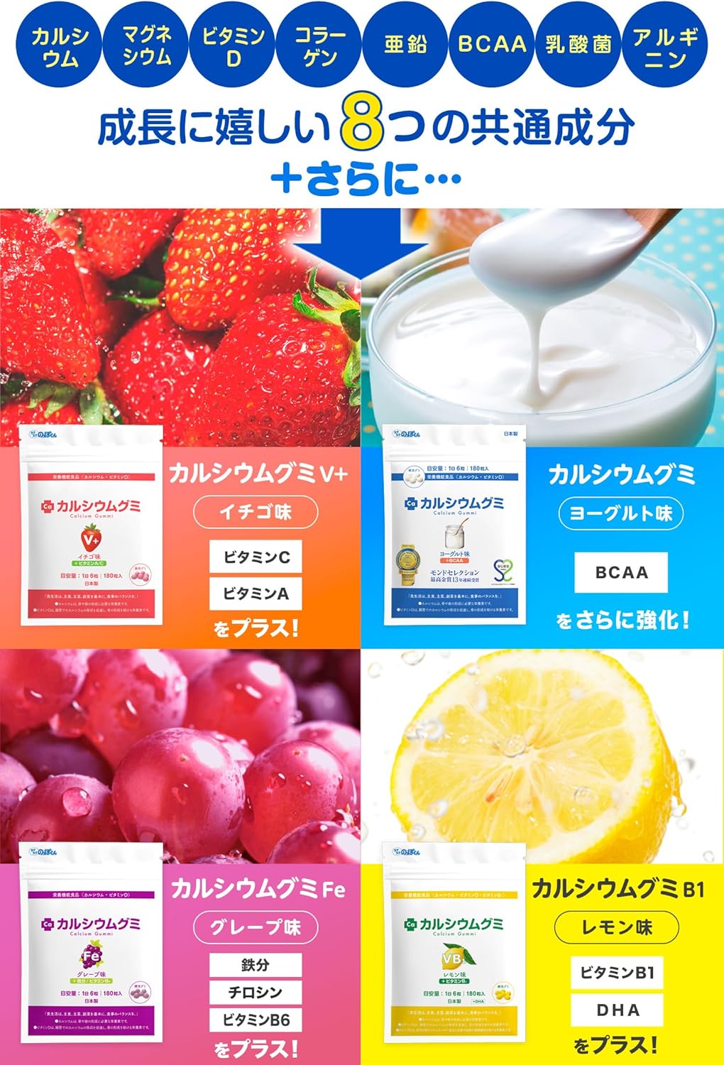 Calcium Gummy Supplement, Grape, Lemon, Set of 2, 360 Capsules, 60 Day Supply, Sukusuku Noppo Kun