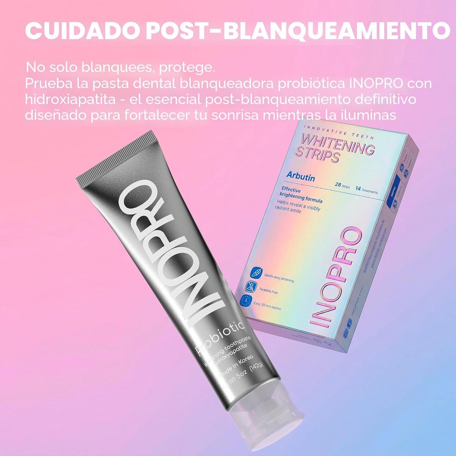 InoPro Kit de 14 Tratamientos de Tiras Blanqueadoras Dentales - Blanqueador Dental Seguro para el Esmalte, Sin Peróxido, Tiras Verdes y Blancas para Blanqueamiento Dental con Arbutina, Aceite de Coco