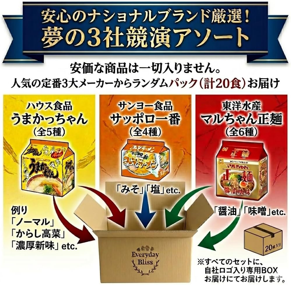 Luxury Ramen Assorted Set, 20 Servings (5 Packs x 4 Bags), Random Comparison of Food, Stock, Always Ready, Gift, Everyday Bliss Exclusive Box