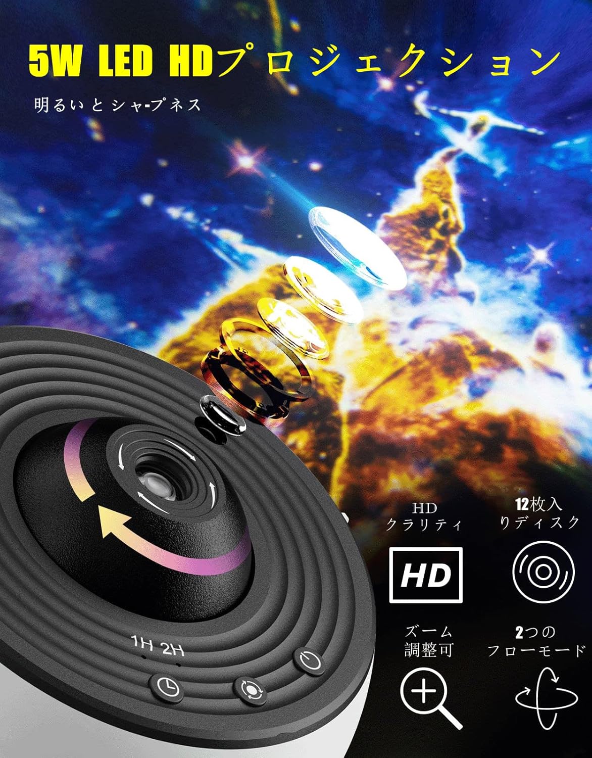 【Silent】YunLone Planetarium Home Use Room Use Star Projector Light Galaxy Light Starry Sky, Nebula, Moon, Celestial Bodies Ceiling 13 Film Discs Included HD Zoom 3D Effect Projection 6500K Color