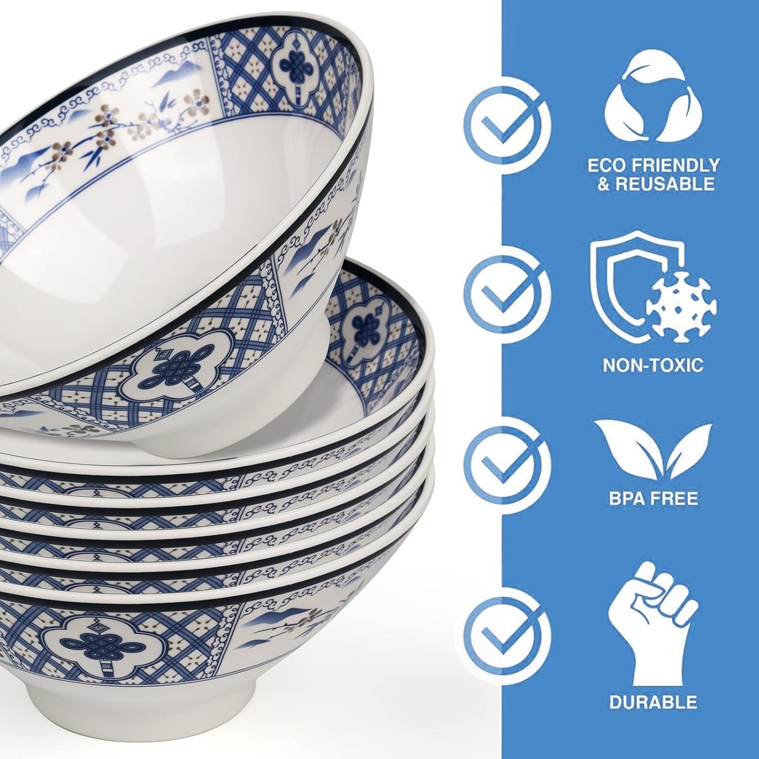 Japanese Ramen Bowl, Instant Ramen Bowl, For Udon, Buckwheat & Noodles, Breakfast, Melamine Material, Soup Bowl, Melamine Ramen Bowl, Plastic Ramen Bowl, Soup Bowl (Color: A-6 sets/White, Size: 7 inches)