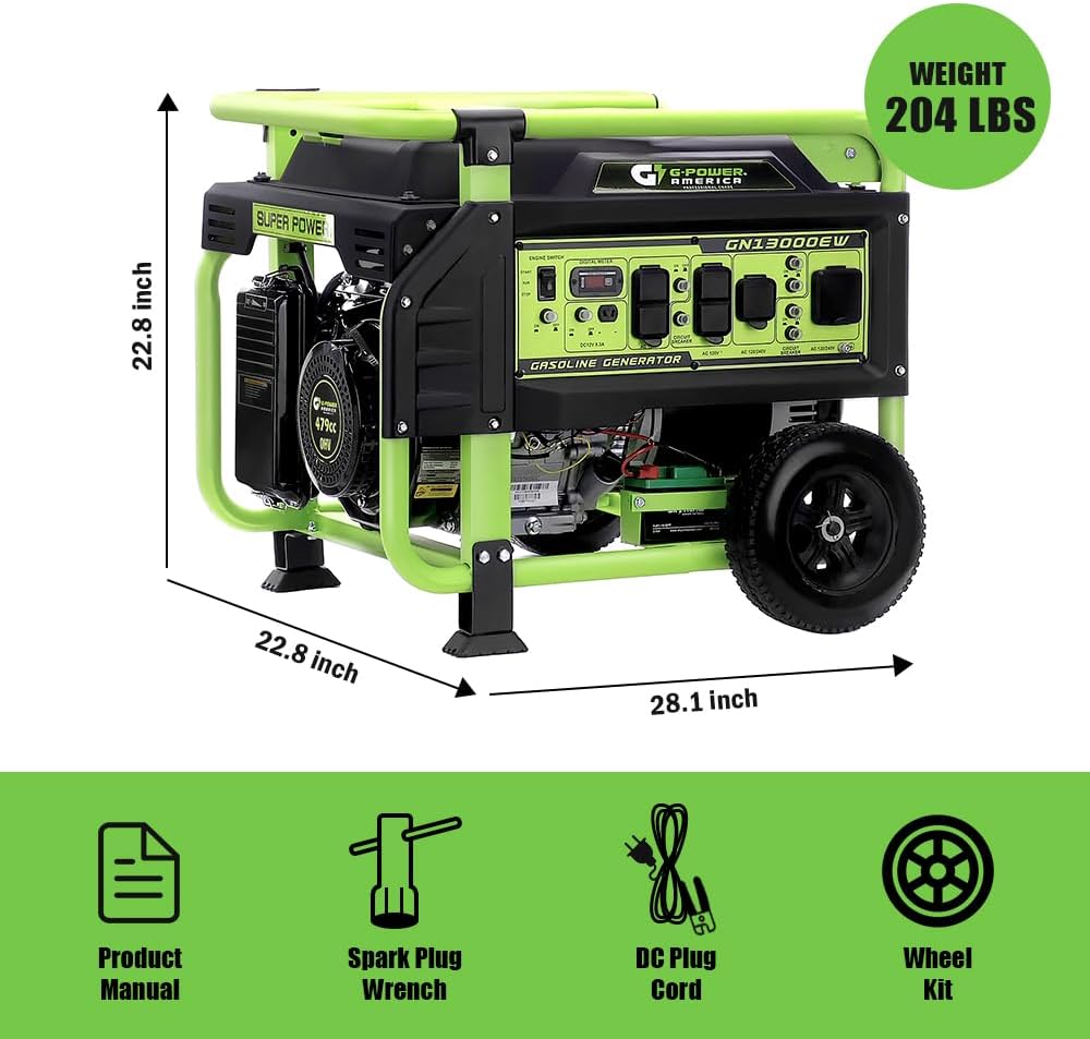 Green-Power America 13000 Watt Gasoline Powered Recoil/Electric Start Portable Generator, 12V-8.3A, Charging Outlet, Home Backup, RV Compatible