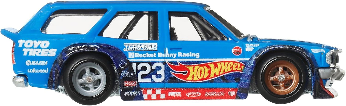 Hot Wheels Car Culture Ronin Run II Mad Mike Mazda RX-3 Wagon/Lemur Ride-On Toy Mini Car, Ages 3 and Up, Blue JBK50