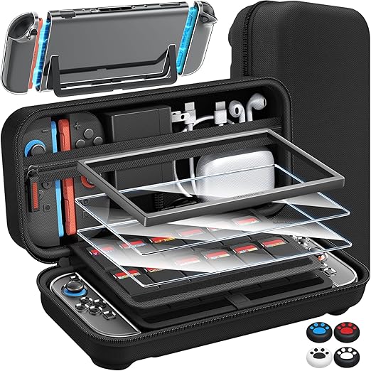 (14 in 1) Switch 2 Exclusive Case, Storage Switch 2, Case + Glass Film with Guide Frame 2 + 4 Stick Caps + Partition Type Design, PC Cover + 24 Game Card Slots, Large Capacity, Storage Bag, Full