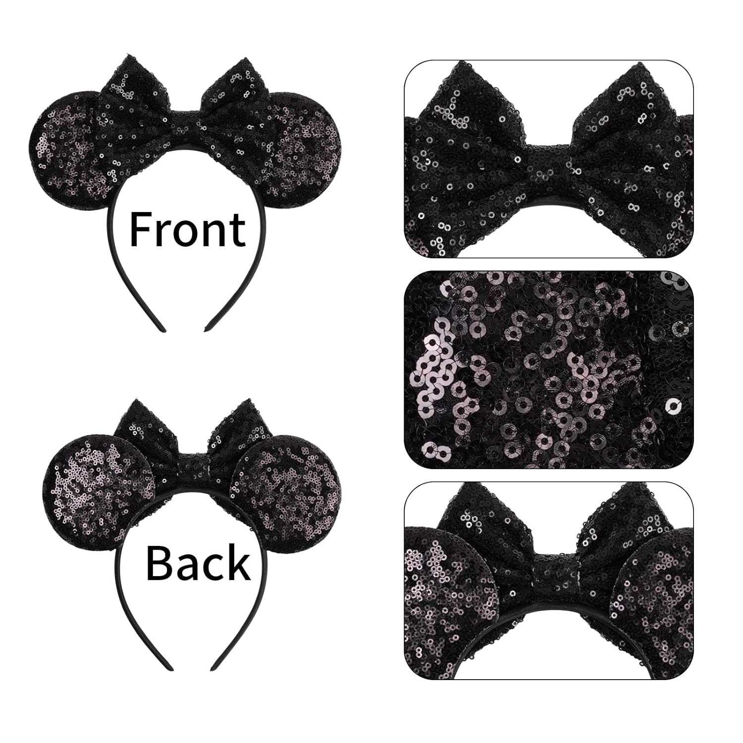 bianbaistar Orejas de ratón brillantes, diadema clásica de lentejuelas negras para adultos y otros usuarios encantadores, accesorio para fiestas de vacaciones o parque de atracciones