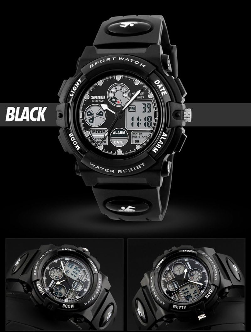 fngeen KidsスポーツウォッチLEDライトアナログデジタル防水アラームWatch for Boys ブラック