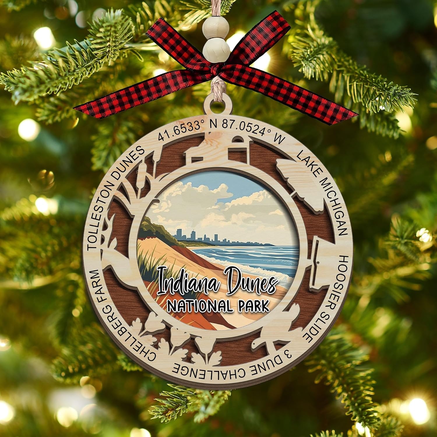 Adorno de Navidad del Parque Nacional de las Dunas de Indiana, diseño de corte láser de madera de 2 capas, decoración de árbol de vacaciones, regalo de recuerdo de viaje, dunas del lago