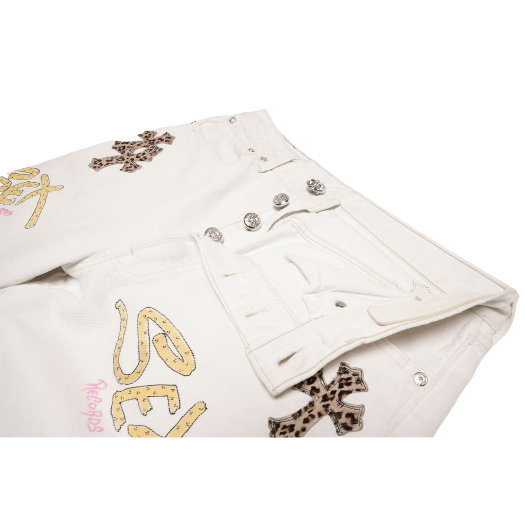 CHROME HEARTS MATTY BOY 'SEX RECORDS CHEETAH PATCH' LEVI 501 WHITE JEANS