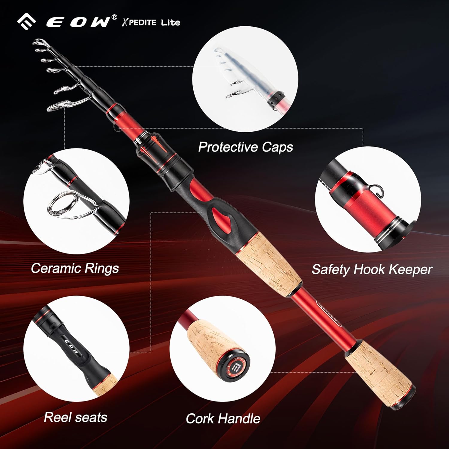EOW XPEDITE LITE ポータブル伸縮釣り竿&コンボ、スピニング&キャスティングフィッシングポール、24Tカーボンロッドブランク、ソリッドカーボンチップ、スプリットコルクグリップ、トラベルロッド、コンボ 5+1BBスピニングリール付き