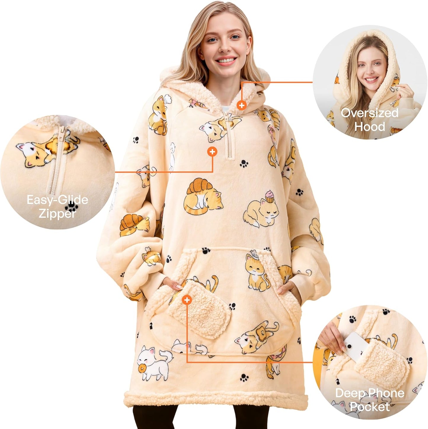 Giggling Getup Manta con capucha para adultos, regalos para adolescentes, niñas, hermanas, mujeres, forro polar sherpa, sudadera con capucha, cálida y acogedora con bolsillo y mangas, color beige gato