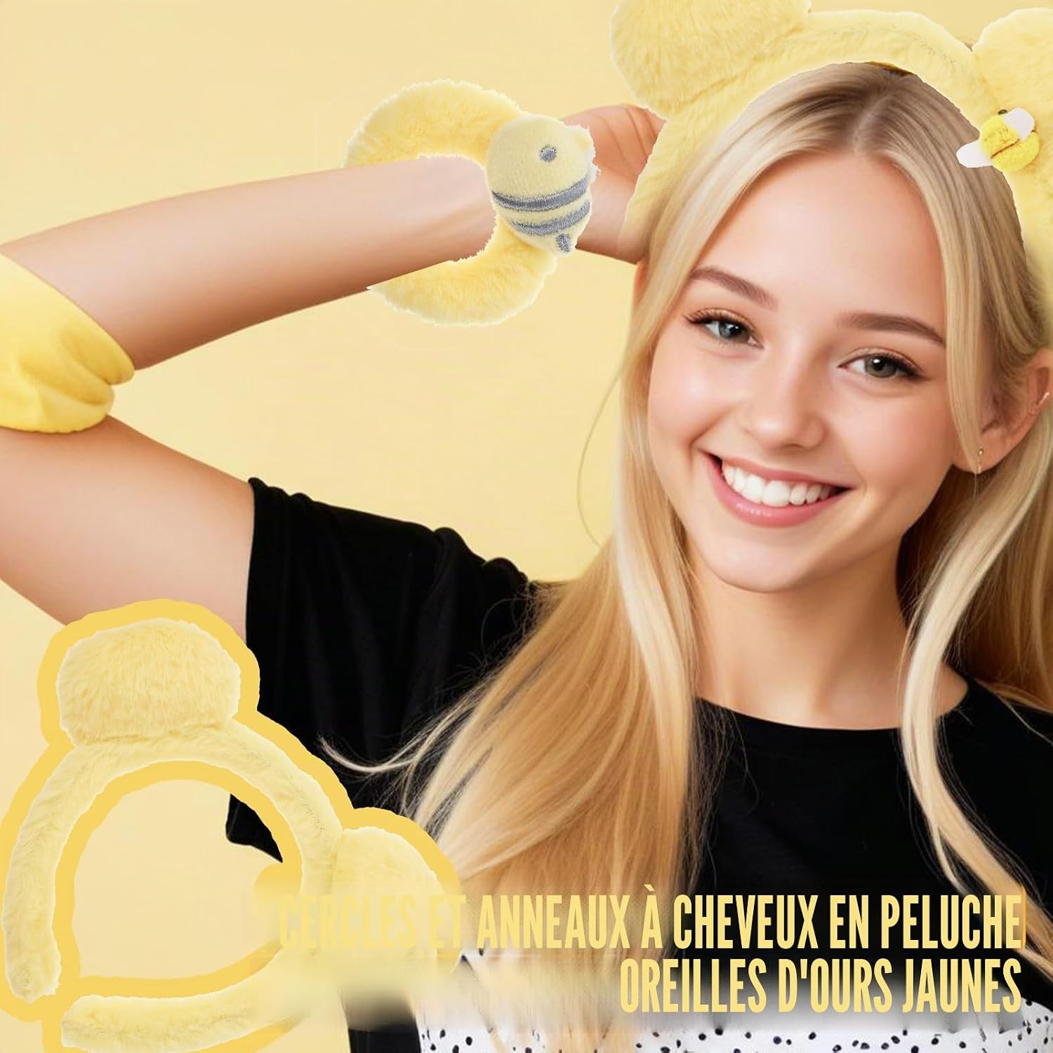 Ptwola 3 Pack Yellow Bear Ears Headbands Cute Headbands for Party Makeup Face Wash Accessories for Halloween Festival Cosplay Party