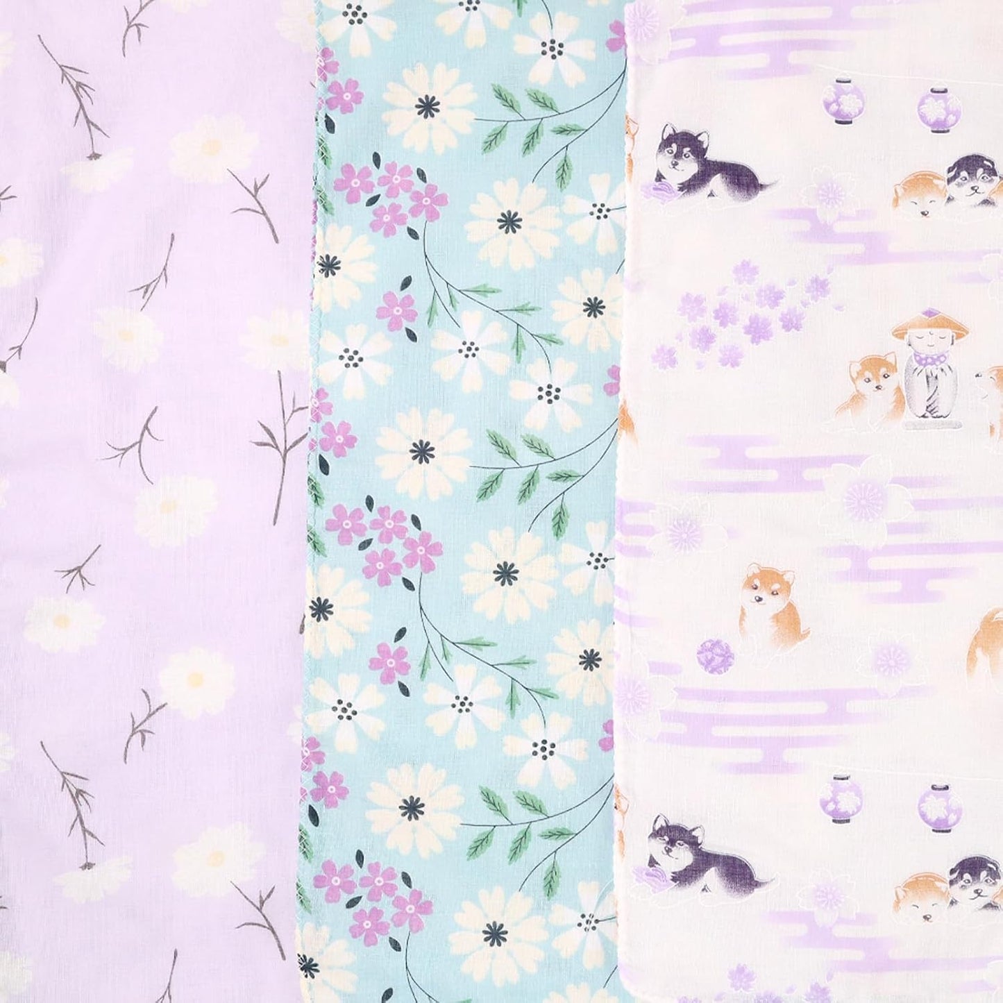 Cluster Japanese Tenugui, Double Layer, Japanese Bleached Gauze, Anti-fraying Treatment, Mameshiba (Lavender) and Hanaraman Pattern, Set of 3