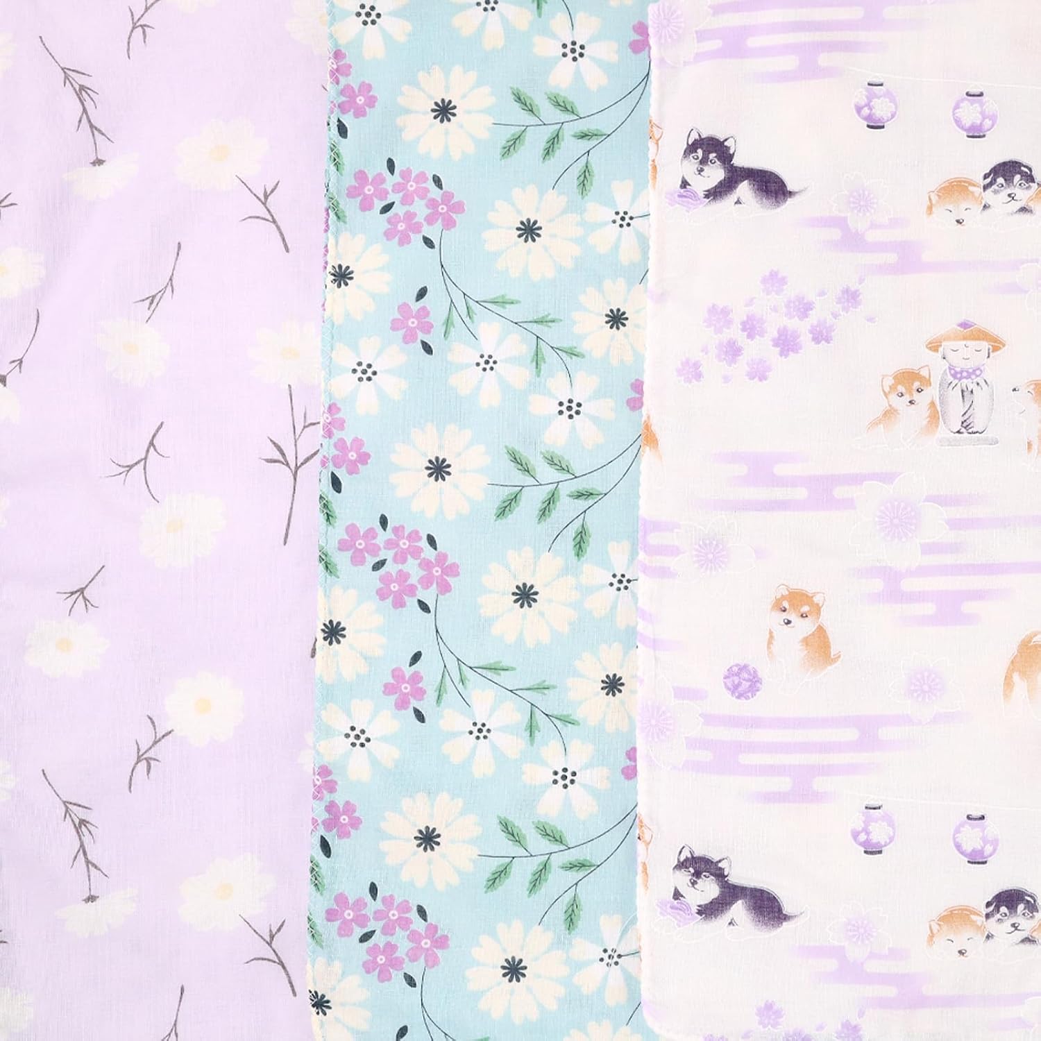 Cluster Japanese Tenugui, Double Layer, Japanese Bleached Gauze, Anti-fraying Treatment, Mameshiba (Lavender) and Hanaraman Pattern, Set of 3