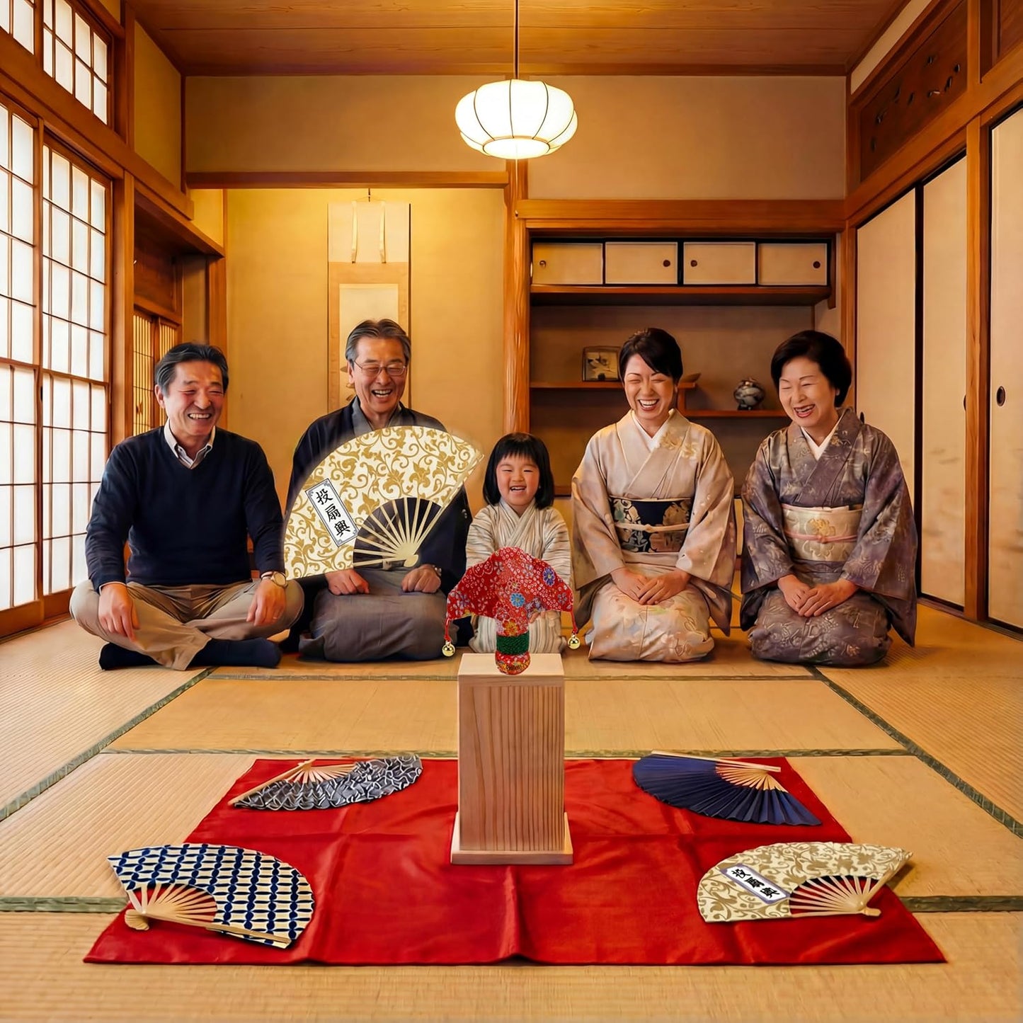 Throwing Fan Set, Authentic Set, Elegant Japanese Play, 100% Made-To-Order, Artisan Craftsmen, Includes Pine Pillow, 5 Hand Writing Fans, Butterfly, Rug, Wooden Box, Traditional Craft, Seat Play