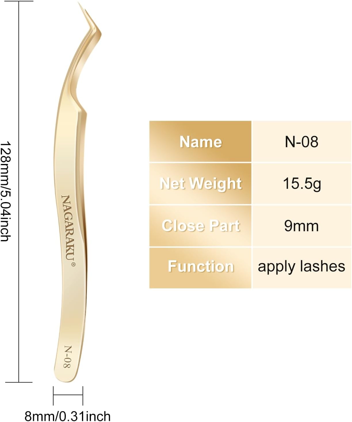 NAGARAKU Eyelash Extension Tweezers Gold Curved Angle Volume Cluster Precision Ultralight Stainless Steel (N-08)