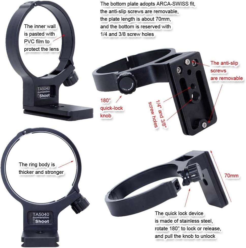 iShoot Metal Lens Support Collar, Lens Bracket Collar, Tripod Socket, Camera Ring Style Tripod Mount, Tripod Mount Ring, Compatible with Tamron 50-400mm f/4.5-6.3 Di III VXD A067, Bottom Quick Release