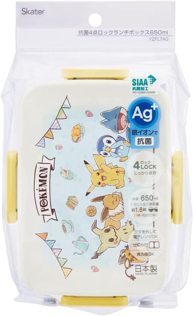 Skater YZFL7AG-A Women's Bento Box, 4-Point Lock, Antibacterial, 22.0 fl oz (650 ml), Dishwasher Safe, Leak Resistant, Made in Japan, Pokemon, Cafe Art